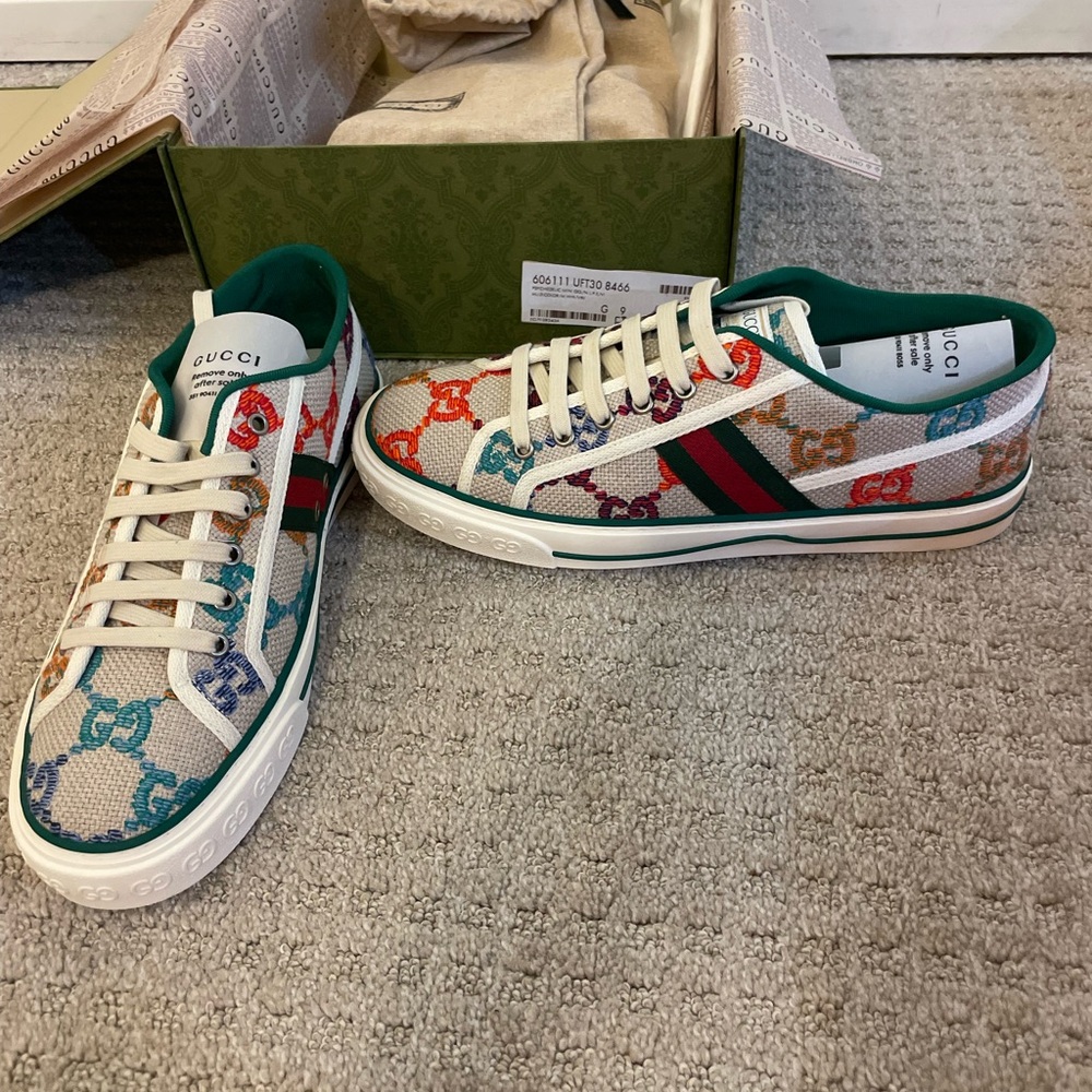 NWT - Gucci Tennis 1977 Multicolor Psychedelic Linen Logo Sneakers Size 9 - Picture 2 of 13